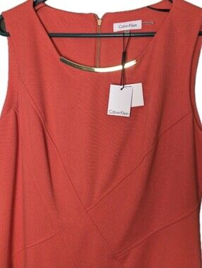 Calvin Klein Red Sleeveless Sheath Dress Gold Neck Accent And Zipper NEW w/Tags